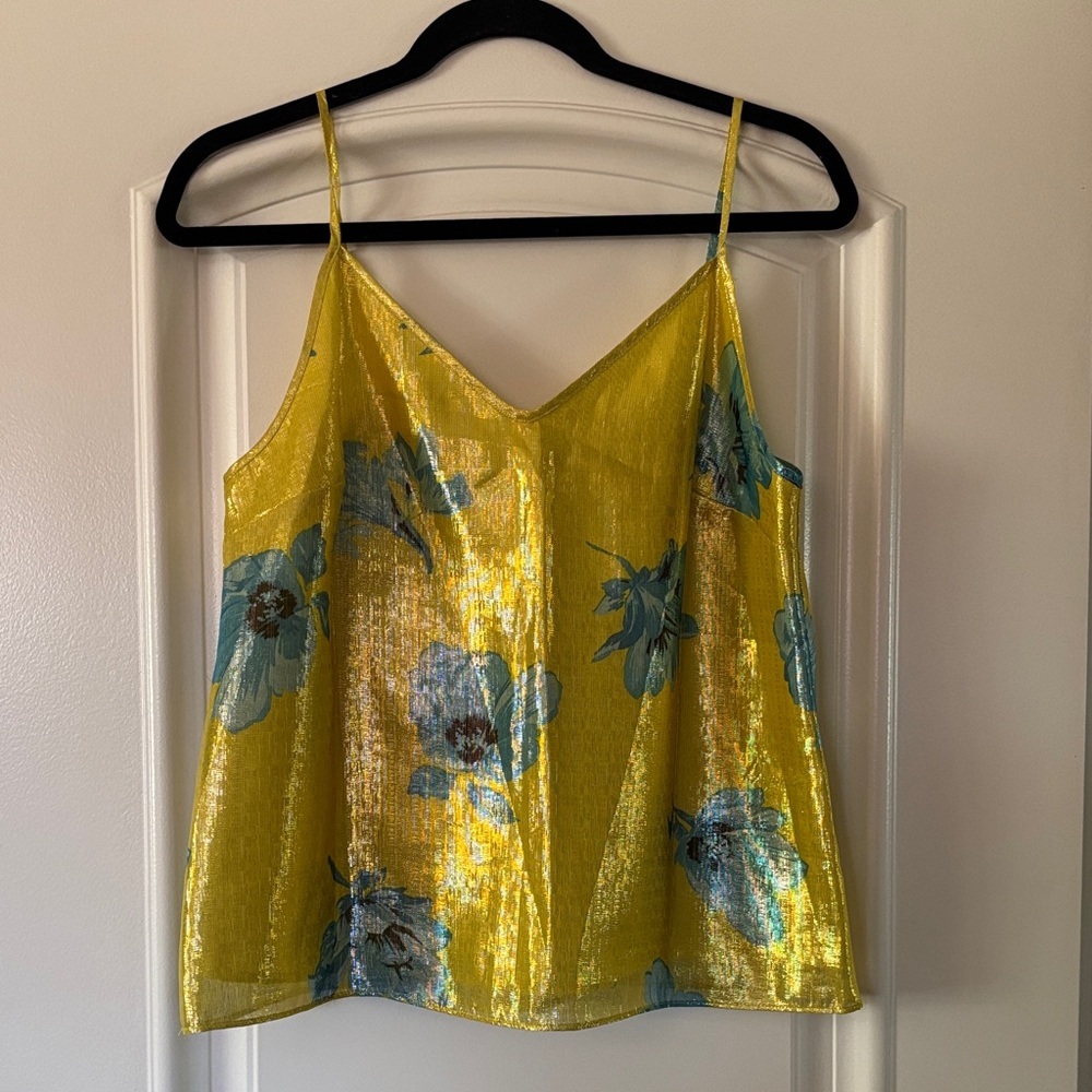 Bar III Yellow Satin Floral Cami with Blue Flowers